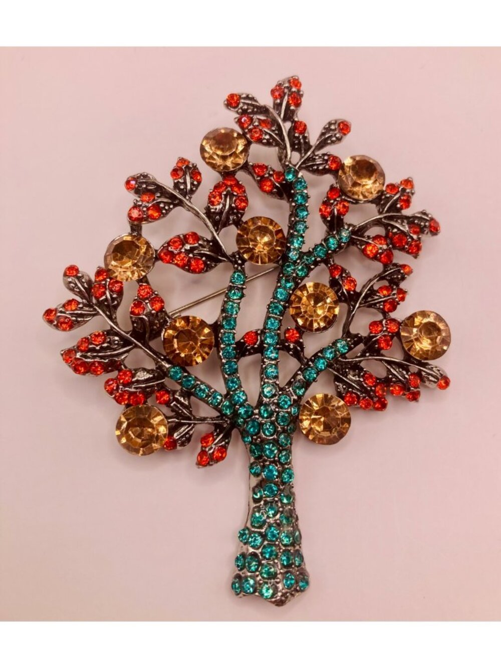 Silver tone Tree Brooch Pin Multicolor Rhinestones -100B